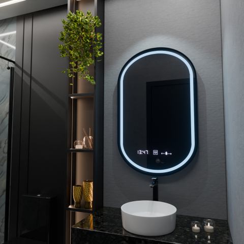 Oglinda LED Ovala, 50x90cm, Alessia MotionGlow Marcello, Sistem Dezaburire, Ceas & Termometru, Dimabila [3]