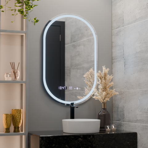 Obiecte sanitare - Oglinda LED Ovala, 50x80cm, Eminence MotionGlow Marcello, Sistem Dezaburire, Ceas & Termometru, Dimabila