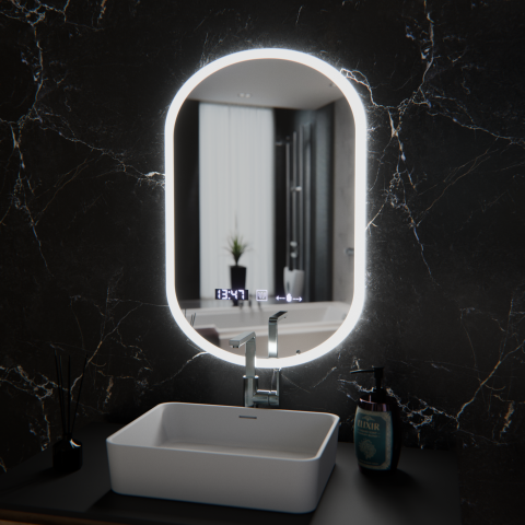 Oglinzi LED Multifunctionale - Oglinda LED Ovala, 50x80cm, Lucia Senzor Marcello, Sistem Dezaburire, Ceas & Termometru, Dimabila