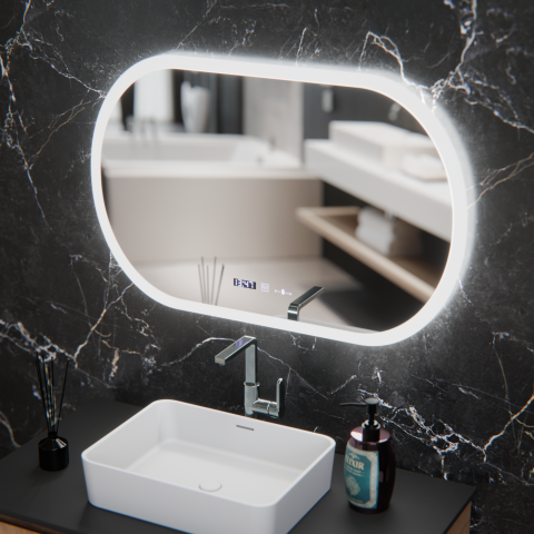 Oglinda LED Ovala, 80x50cm, Altera Senzor MotionGlow Marcello, Sistem Dezaburire, Ceas & Termometru, Dimabila [2]