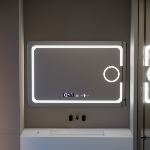 Oglinzi LED Machiaj - Oglinda LED Rectangulara, 110x75cm, Eclat MotionGlow Marcello, Sistem Dezaburire, Ceas & Termometru, Lupa Cosmetica, Dimabila