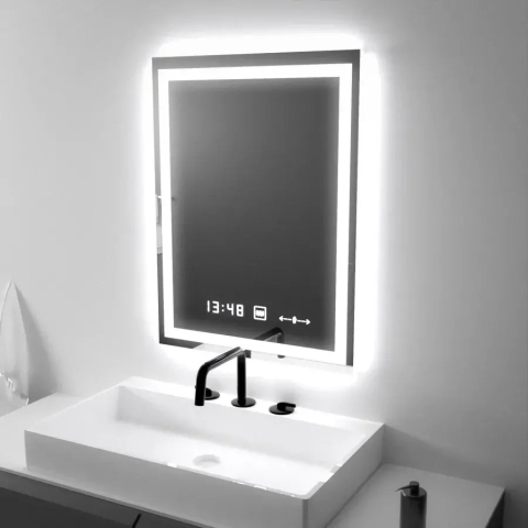 Obiecte sanitare - Oglinda LED Rectangulara, 45x60cm, Verite MotionGlow Marcello, Sistem Dezaburire, Ceas & Termometru, Dimabila