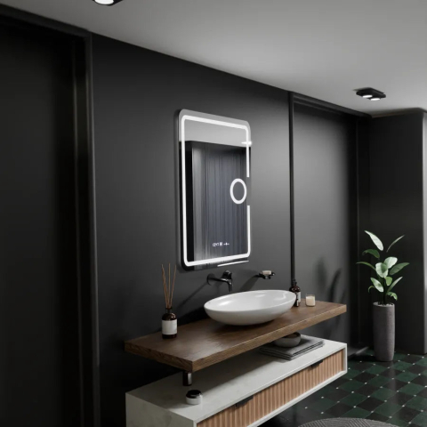 Oglinzi LED Machiaj - Oglinda LED Rectangulara, 50x70cm, Eclat MotionGlow Marcello, Sistem Dezaburire, Ceas & Termometru, Lupa Cosmetica, Dimabila