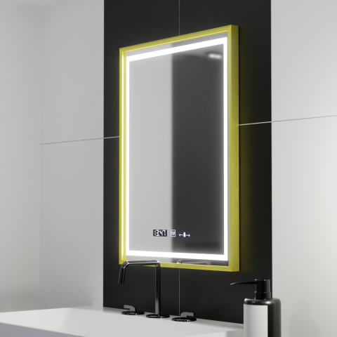 Oglinzi LED  Baie - Oglinda LED Rectangulara, 50x70cm, Verite Royale Gold Motion Glow Marcello, Sistem Dezaburire, Ceas & Termometru, Dimabila