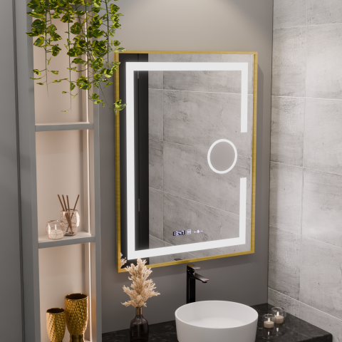 Oglinzi LED Machiaj - Oglinda LED Rectangulara, 60x80cm, Eclat MotionGlow Marcello, Sistem Dezaburire, Ceas & Termometru, Lupa Cosmetica, Dimabila, Rama Auriu Brushed