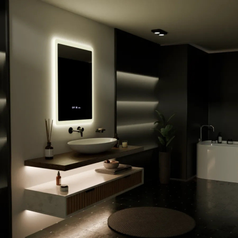 Oglinzi LED Multifunctionale - Oglinda LED Rectangulara, 60x80cm, ELANCEE Senzor MotionGlow Marcello, Sistem Dezaburire, Ceas & Termometru, Dimabila