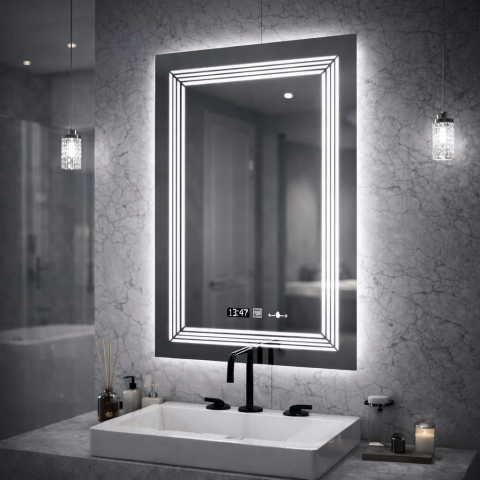 Oglinzi LED - Oglinda LED Rectangulara, 60x80cm, Venezia Senzor MotionGlow Marcello, Sistem Dezaburire, Ceas & Termometru, Dimabila, Lumina Calda Neutra Rece 3000K/4000K/6000K