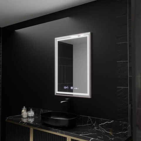 Oglinzi LED  Baie - Oglinda LED Rectangulara, 60x80cm, Verite Imperial Silver Motion Glow Marcello, Sistem Dezaburire, Ceas & Termometru, Dimabila