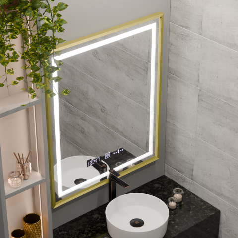 Oglinda LED Rectangulara, 75x90cm, Verite Royale Gold MotionGlow Marcello, Sistem Dezaburire, Ceas & Termometru, Dimabila [2]