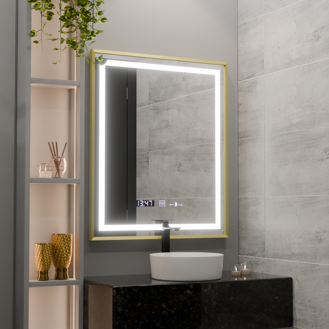 Oglinzi LED - Oglinda LED Rectangulara, 75x90cm, Verite Royale Gold MotionGlow Marcello, Sistem Dezaburire, Ceas & Termometru, Dimabila