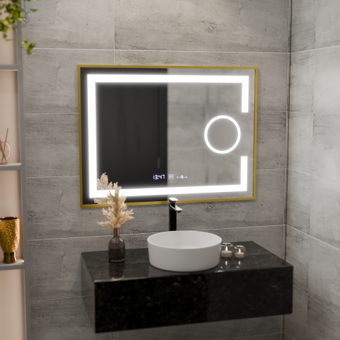 Oglinzi LED Machiaj - Oglinda LED Rectangulara, 80x60cm, Eclat MotionGlow Marcello, Sistem Dezaburire, Ceas & Termometru, Lupa Cosmetica, Dimabila, Rama Auriu Brushed