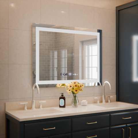 Oglinzi LED - by Marcello Funghi - Oglinda LED Rectangulara, 80x60cm, Verite MotionGlow Marcello, Sistem Dezaburire, Ceas & Termometru, Dimabila