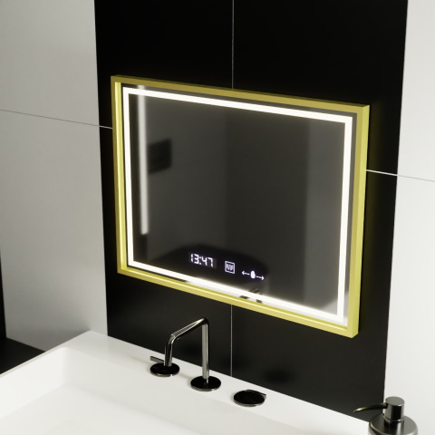 Oglinzi LED Multifunctionale - Oglinda LED Rectangulara, 80x60cm, Verite Royale Gold MotionGlow Marcello, Sistem Dezaburire, Ceas & Termometru, Dimabila