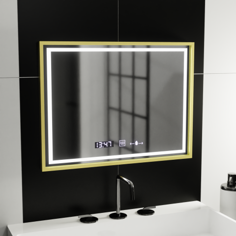 Oglinda LED Rectangulara, 80x60cm, Verite Royale Gold MotionGlow Marcello, Sistem Dezaburire, Ceas & Termometru, Dimabila [3]