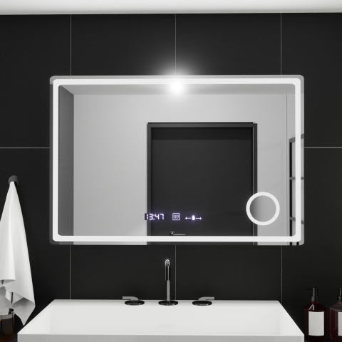 Oglinzi LED Machiaj - Oglinda LED Rectangulara, 90x60cm, Velour MotionGlow Marcello, Sistem Dezaburire, Ceas & Termometru, Lupa Cosmetica, Dimabila
