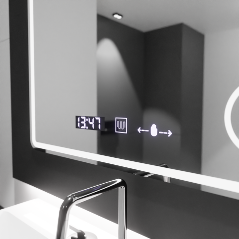 Oglinda LED Rectangulara, 90x75cm, Riflesso MotionGlow Marcello, Sistem Dezaburire, Ceas & Termometru, Lupa Cosmetica, Dimabila [1]