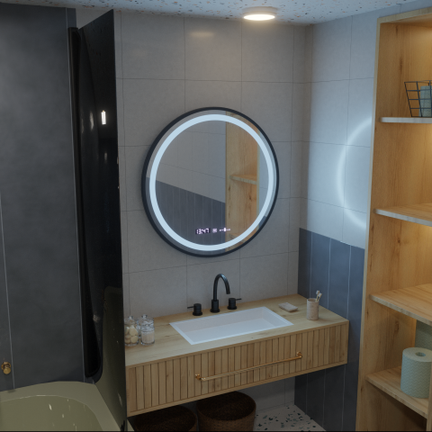 Oglinda LED Rotunda, 60cm, Celeste Majeste Noir MotionGlow Marcello, Sistem Dezaburire, Ceas & Termometru, Dimabila [2]