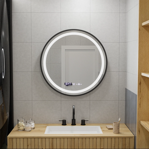 Accesorii Baie si Bucatarie - Oglinda LED Rotunda, 70cm, Celeste Majeste Noir MotionGlow Marcello, Sistem Dezaburire, Ceas & Termometru, Dimabila