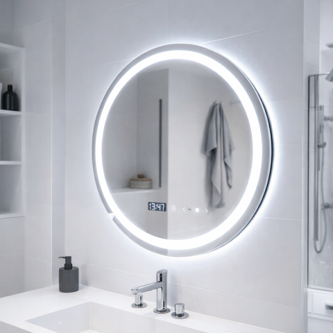 Obiecte sanitare - Oglinda LED Rotunda, 70cm, Celeste MotionGlow Marcello, Sistem Dezaburire, Ceas & Termometru, Dimabila, Lumina Calda Neutra Rece 3000K/4000K/6000K