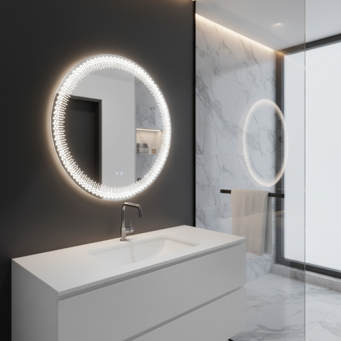 Oglinzi LED - by Marcello Funghi - Oglinda LED Rotunda Nexos, 60cm, 24W, Lumina Calda/ Rece/ Neutra, Senzor, Sistem Dezaburire, Ceas, Dimabila