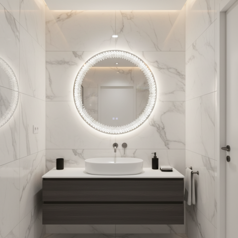 Oglinda LED Rotunda Nexos, 60cm, 24W, Lumina Calda/ Rece/ Neutra, Senzor, Sistem Dezaburire, Ceas, Dimabila [1]