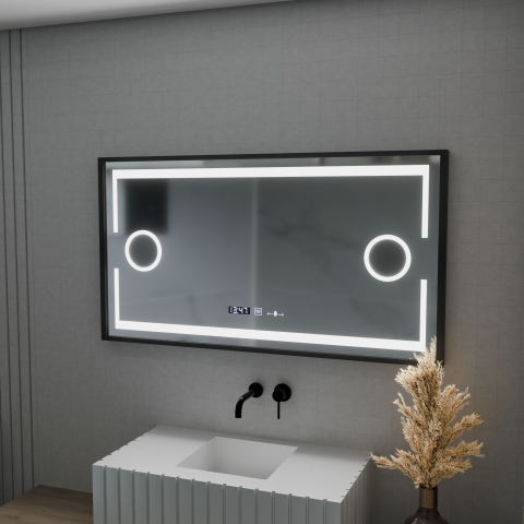 Oglinda LED Senzor MotionGlow Domingo cu functie Dezaburire Termometru Ceas 120x65 cm Lumina Rece/Calda/Neutra Dimabila, Rama Negru Brushed, colectia Marcello Funghi [2]