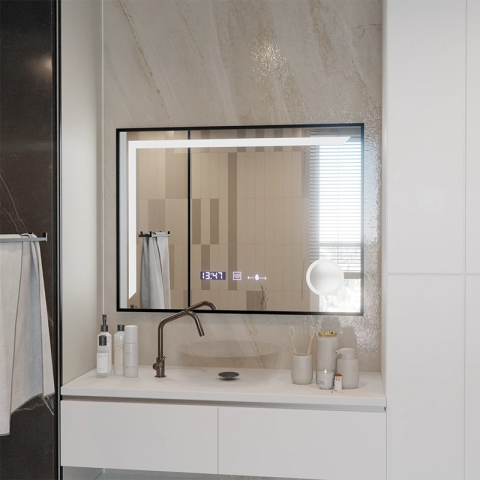 Oglinzi LED - Oglinda LED Senzor MotionGlow Francesca 80x60 cm Lumina Calda/Rece/Neutra Dimabila Rama Negru Brushed Sistem Dezaburire Termometru Ceas Colectia Marcello Funghi