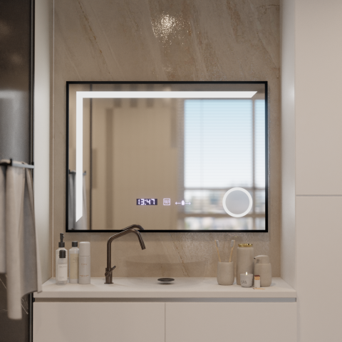 Oglinda LED Senzor MotionGlow Francesca 80x60 cm Lumina Calda/Rece/Neutra Dimabila Rama Negru Brushed Sistem Dezaburire Termometru Ceas Colectia Marcello Funghi [2]