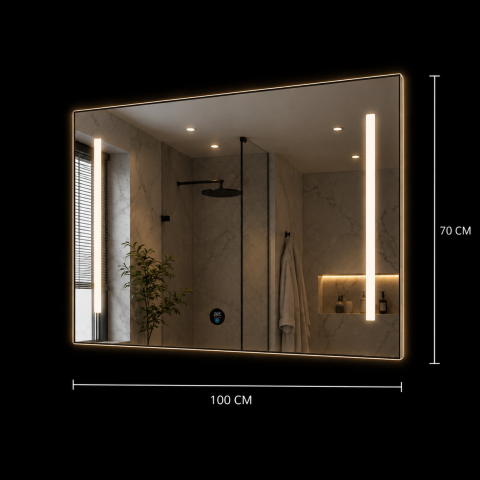Oglinda LED SLUPSK, 100x70cm, Gri, Comutator rotativ inteligent cu afisaj RGB, CCT reglabil 3000K-6000K, Metal, Functii Ceas [2]