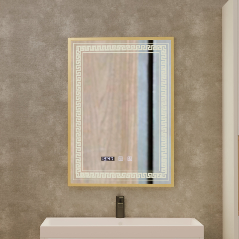 Oglinzi LED - Oglinda LED Touch Bruno Sistem Dezaburire, Ceas si Temperatura 60x80 cm Rama Auriu Brushed, S84/60X80
