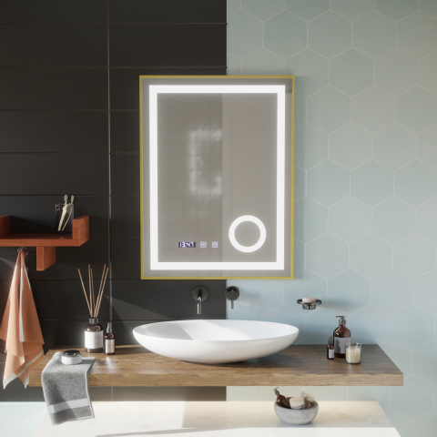 Oglinzi LED Machiaj - Oglinda LED Touch CLARUS Sistem Dezaburire, Ceas si Temperatura 60x80 cm Rama Auriu Brushed Lupa Cosmetica