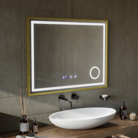 Oglinzi LED Machiaj - Oglinda LED Touch CLARUS Sistem Dezaburire, Ceas si Temperatura 80x60 cm Rama Auriu Brushed Lupa Cosmetica