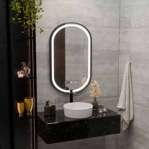 Oglinzi LED - Oglinda LED Touch Helmut, Sistem Dezaburire, Ceas si Temperatura 45x90 cm, Rama Negru, Brushed Marcello Funghi