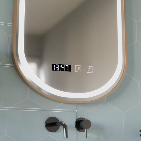 Oglinda LED Touch Konrad Sistem Dezaburire, Ceas si Temperatura 50x80 cm Rama Auriu Brushed, Lumina Calda Neutra Rece 3000K/4000K/6000K [1]