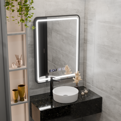 Oglinda LED Touch LUCIDA Sistem Dezaburire, Ceas si Temperatura 50x70 cm Rama Negru Brushed [3]