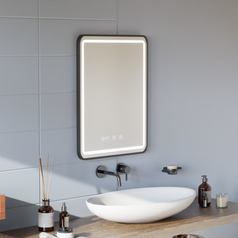 Oglinzi LED Multifunctionale - Oglinda LED Touch LUCIDA Sistem Dezaburire, Ceas si Temperatura 60x80 cm Rama Negru Brushed