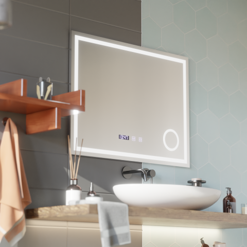 Oglinzi LED Machiaj - Oglinda LED Touch NIVERA Sistem Dezaburire, Ceas si Temperatura 80x60 cm Lupa Cosmetica