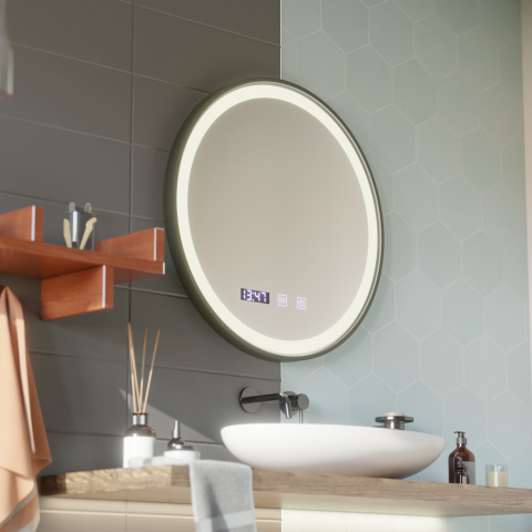 Oglinda LED Touch NOVARA Sistem Dezaburire, Ceas si Temperatura 90 cm Rama Negru Brushed [3]