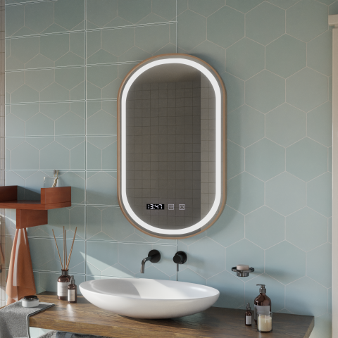 Oglinda LED Touch Siegfried Sistem Dezaburire, Ceas si Temperatura, 45x90cm, Rama Auriu Brushed, Lumina Calda Neutra Rece 3000K/4000K/6000K [2]