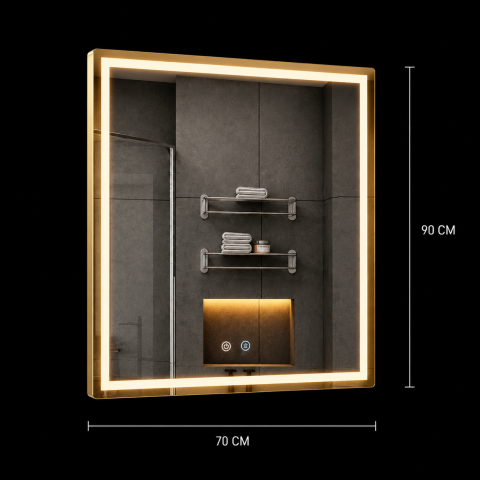 Oglinda LED WAMOSK, 90x70cm, Auriu, Senzor, Lumina 3000K, 4000K, 6000K, Sistem Dezaburire, Metal, Functii Ceas si Temperatura [2]