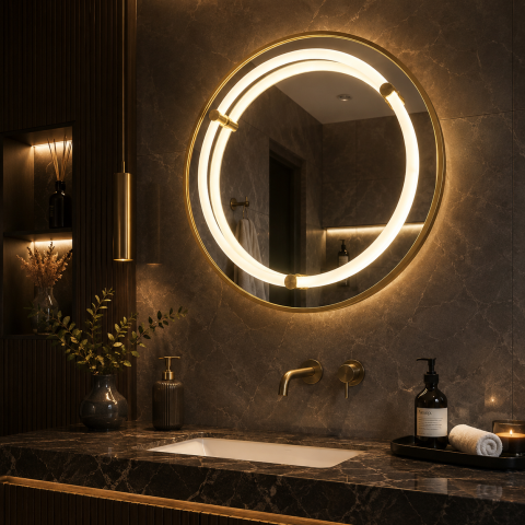 Oglinda LED WARSA Rotunda, 60cm, Auriu Lucios, Senzor, Lumina 4000K, Sistem Dezaburire, Metal, Functii Ceas si Temperatura [1]
