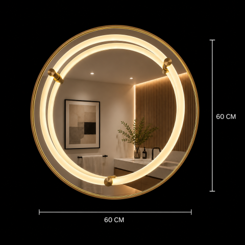 Oglinda LED WARSA Rotunda, 60cm, Auriu Lucios, Senzor, Lumina 4000K, Sistem Dezaburire, Metal, Functii Ceas si Temperatura [2]