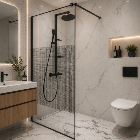 Obiecte sanitare - Paravan dus Walk-In 100x195cm, Sticla cu print, Securizata, 8 mm, Profil metalic rezistent 4.5mm, Negru