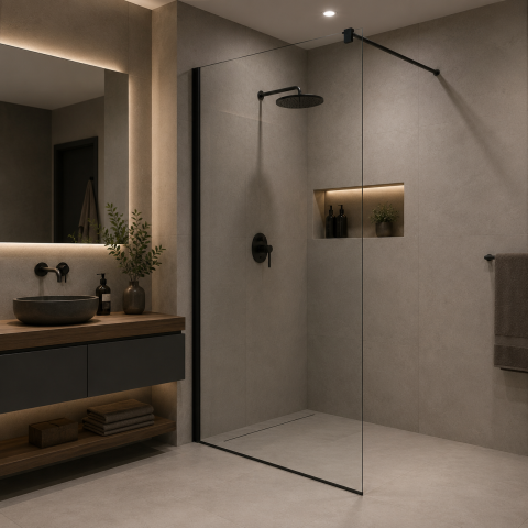 Obiecte sanitare - Paravan dus Walk-In 100x195cm, Sticla securizata 8 mm, Profil metalic rezistent, Negru