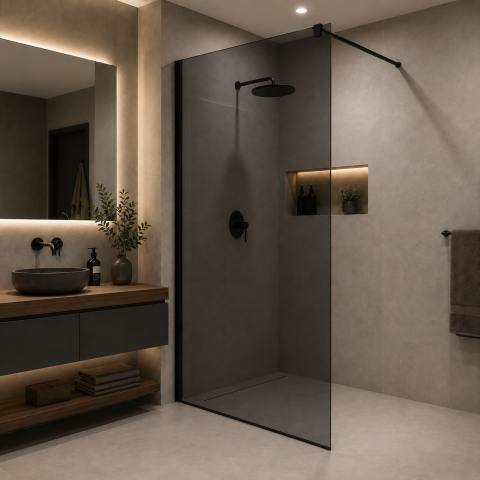 Obiecte sanitare - Paravan dus Walk-In 70x195cm, Sticla Gri securizata 8 mm, Profil metalic rezistent, Negru