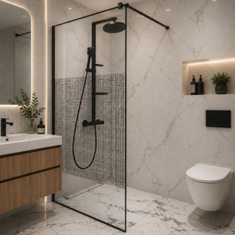 Obiecte sanitare - Paravan dus Walk-In 90x195cm, Sticla cu print, Securizata, 8 mm, Profil metalic rezistent 4.5mm, Negru