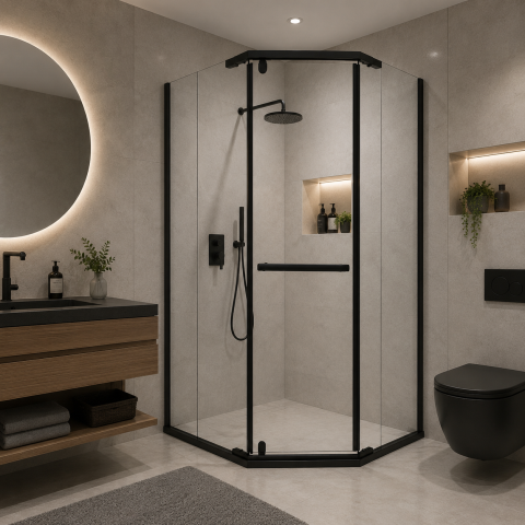 Obiecte sanitare - Paravan dus Walk-In 90x90x190 cm, sticla securizata 6 mm, profil metalic rezistent, Negru