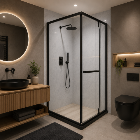 Obiecte sanitare - Paravan dus Walk-In 90x90x195 cm, sticla securizata 7.6 mm, satin, profil metalic rezistent, Negru