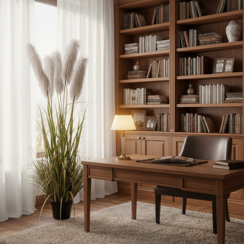 Decoratiuni Sarbatori & Sezoniere - Planta decorativa in ghiveci, 5 fire, 180cm, Stuf Artificial, Material Textil si Plastic, Verde si Gri