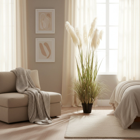 Decoratiuni Sarbatori & Sezoniere - Planta decorativa in ghiveci, 5 fire, 180cm, Stuf Artificial, Material Textil si Plastic, Verde si Roz
